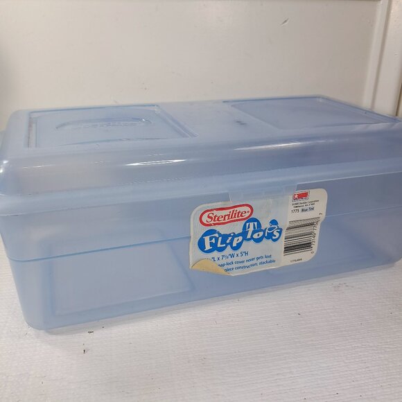 Vintage Sterilite Flip Tops Plastic Storage Container Box blue tint 1995 hinged - Picture 1 of 12